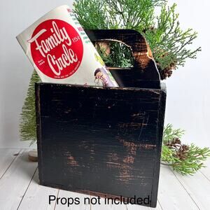 Vintage Wooden Handled Tote 2 Compartments Black Painted Finish Rustic Farmhouse